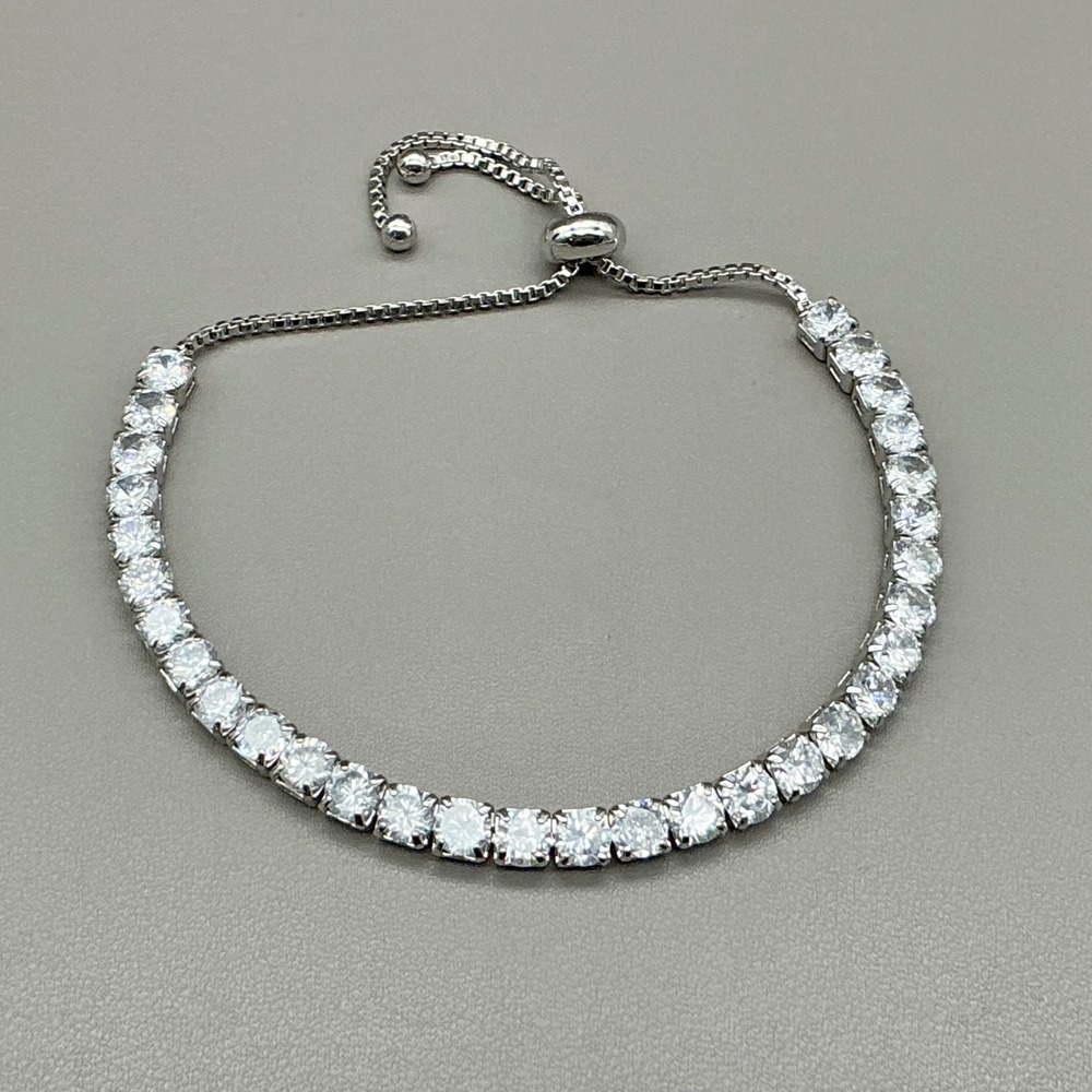 Tennis Bracelet Women Silver Tone Adjustable Slider Box Chain Clear Stones